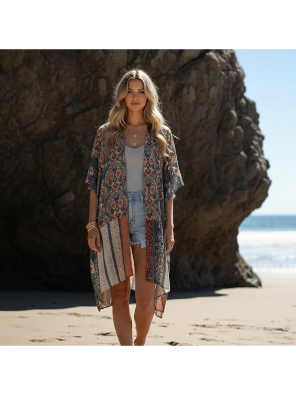 Women Rz Misty Blue Viscose Summer Lightweight Boho Kimono Cardigan Cover up - Picture 4 of 6